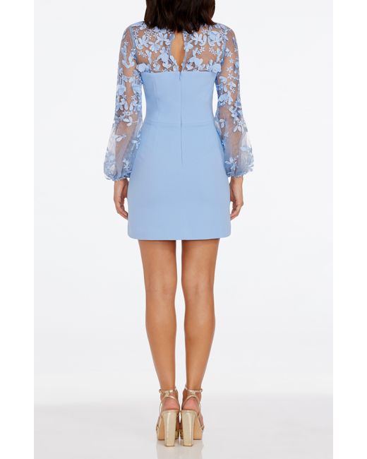 Dress the Population Blue Mila Embellished Lace Trim Long Sleeve Minidress