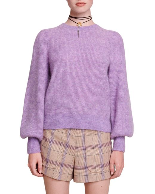 Maje Balloon Sleeve Wool & Mohair Blend Rib Sweater in Purple | Lyst