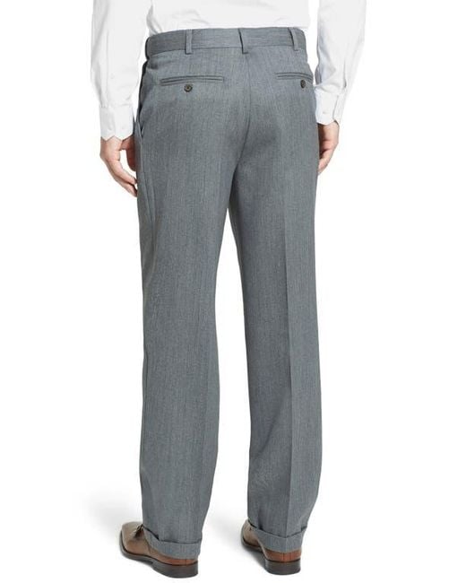Berle Gray Self Sizer Waist Pleated Classic Fit Wool Gabardine Dress Pants for men