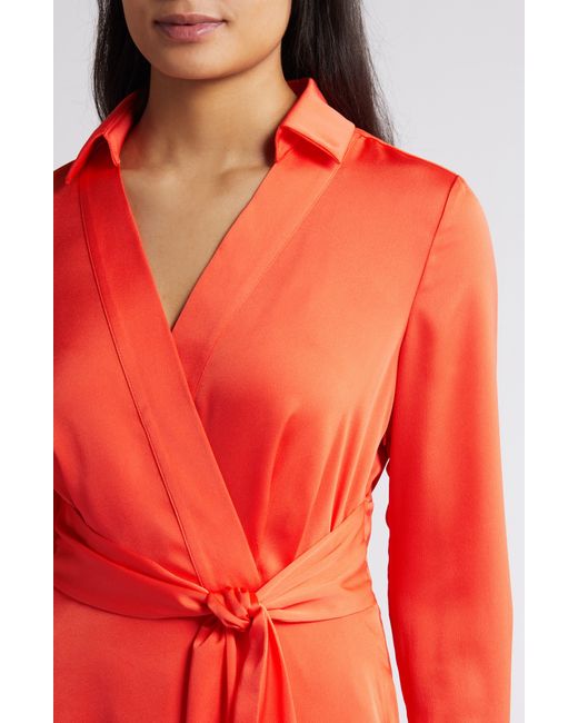 Tahari Orange Wrap Front Long Sleeve Hammered Satin Midi Shirtdress