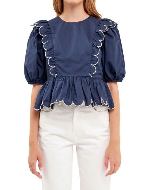 English Factory Blue Contrast Scalloped Trim Cotton Top