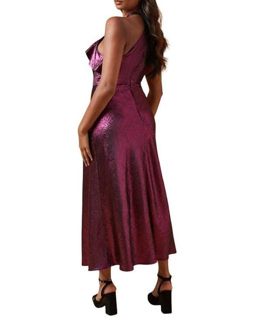 Oasis Purple Foil Halterneck Ruffle Foil Midaxi Dress