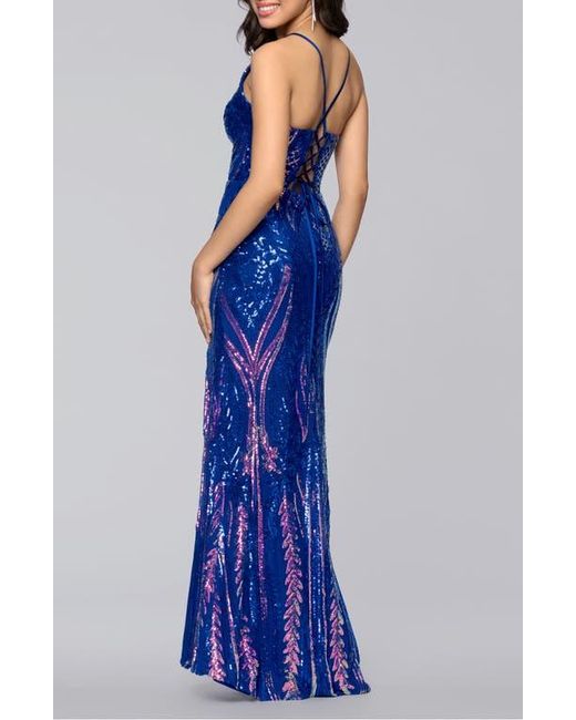 blondie nites blue dress Strappy Open-Back Long Blue Prom Dress with Sequins Ice Blue / 0