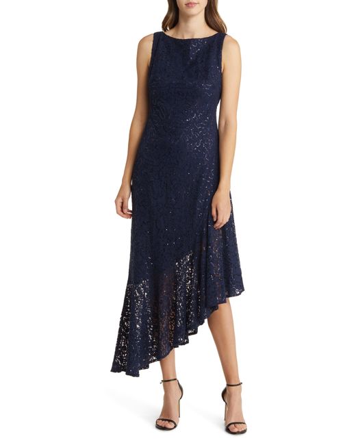 Eliza J Blue Sequin Lace Asymmetric Hem Cocktail Dress