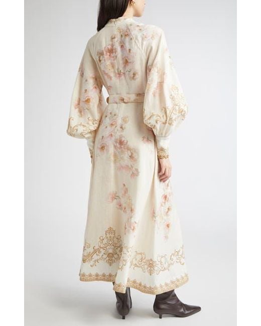 Zimmermann Hypnotic Long Sleeve Belted Linen Maxi Dress in Natural | Lyst
