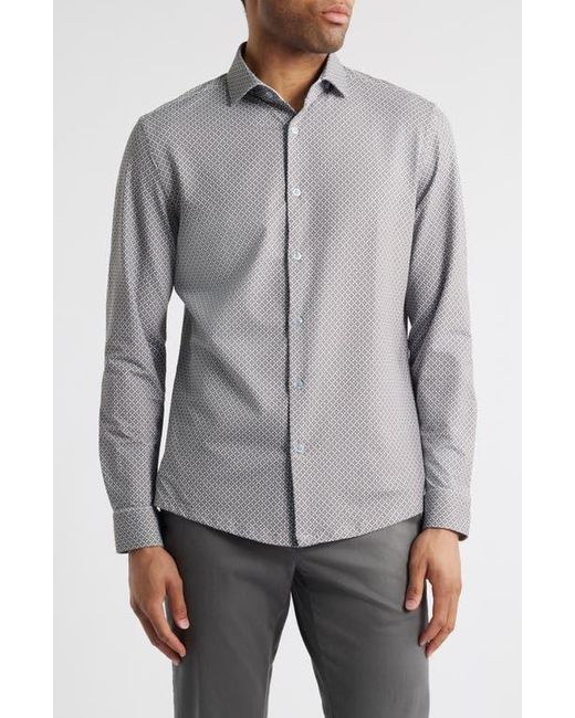 Stone Rose Gray Trim Fit Techno Stretch Diamond Geo Print Performance Button-Up Shirt for men