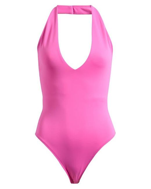 GOOD AMERICAN Pink Plunge Neck Scuba Knit Halter Bodysuit