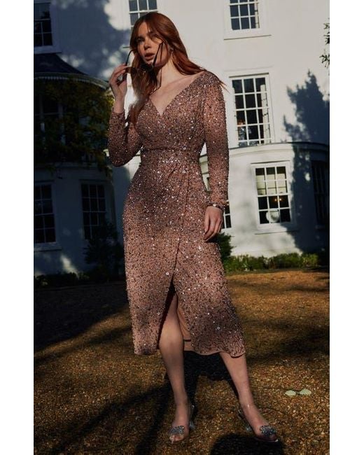 Beauut Pink Occasion Embellished Sequin Beaded Maxi Wrap With Sleeves Evening Dress