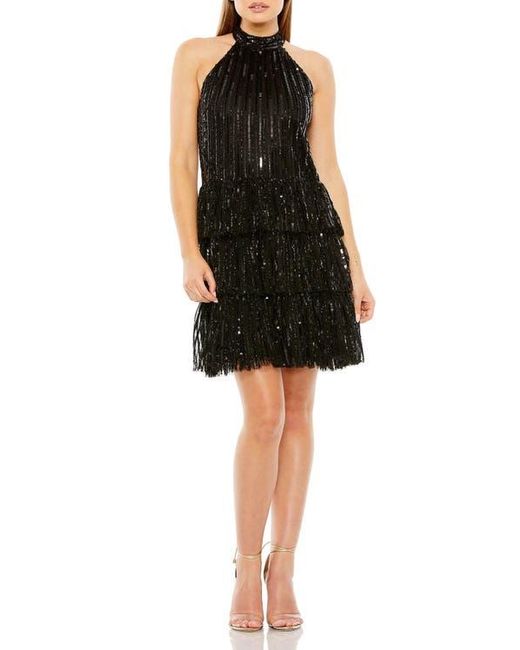 Mac Duggal Black High Neck A-Line Ruffle Sequin Mini Dress