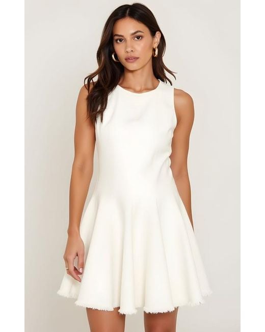Modenaire White Sleeveless Fit And Flare Dress With Raw Edge Hem And Seam Detailing