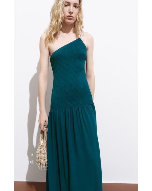 Mango Green Asymmetric Smocked One-Shoulder Midi Dress