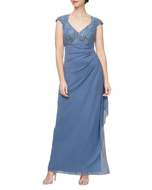 Alex Evenings Blue Sequin Lace Bodice Empire Waist Gown