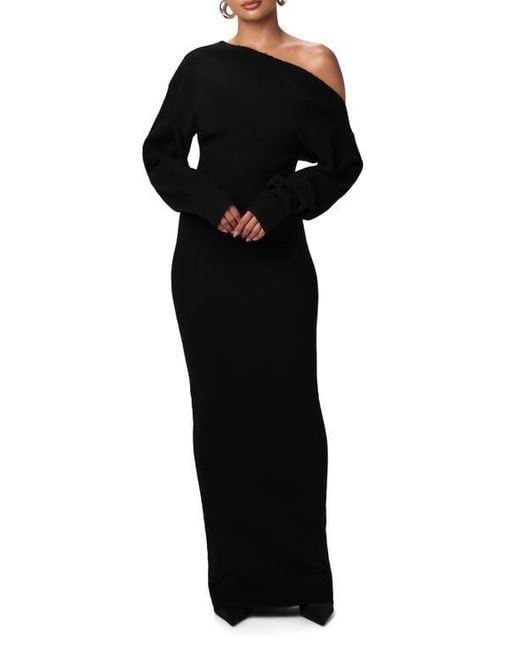 Naked Wardrobe Black One-Shoulder Long Sleeve Maxi Sweater Dress