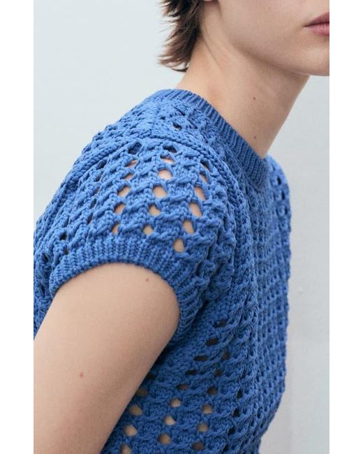 Mango Blue Short Sleeve Open Knit Sweater