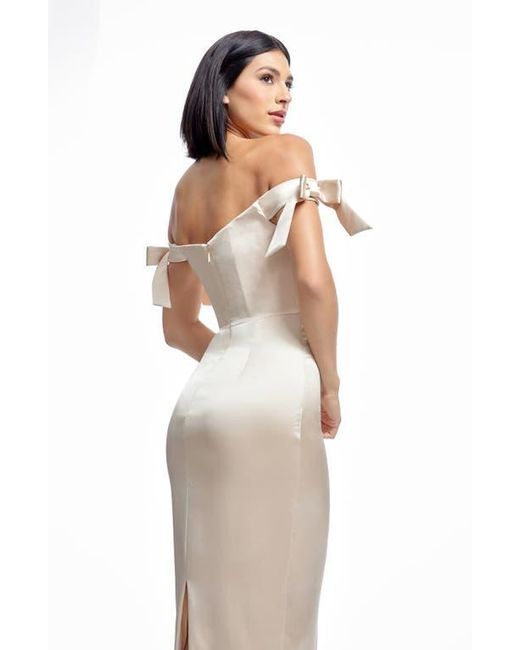 Dress the Population Natural Verona Off The Shoulder Satin Midi Cocktail Dress