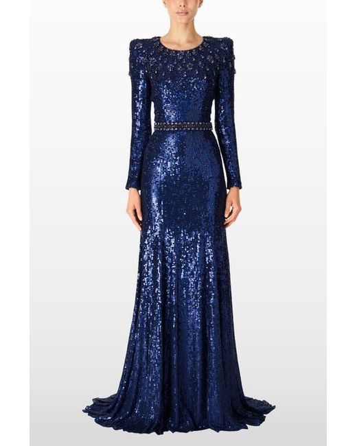 Jenny Packham Blue Georgia Sequined Long-Sleeve Gown