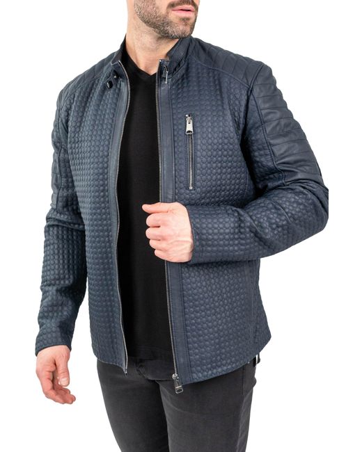 Maceoo Blue Textured Leather Jacket for men