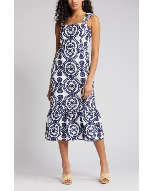 Adelyn Rae Blue Layla Embroidered Cotton Midi Dress