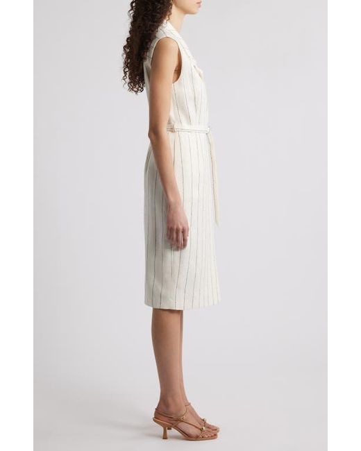 Boss White Drupe Pinstripe Linen Blend Dress