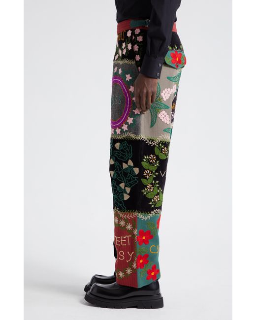 Bode Multicolor Floral Genus Embroidered Patchwork Wool & Cotton Straight Leg Pants for men