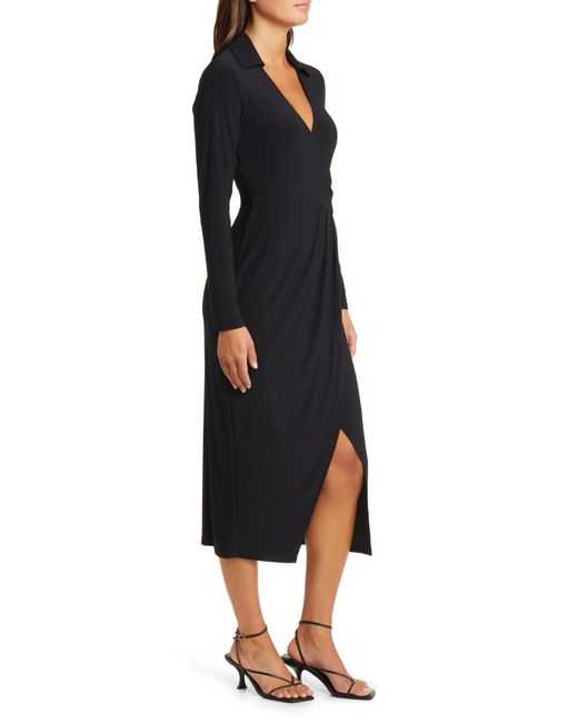 Open Edit Long Sleeve Faux Wrap Jersey Dress in Black | Lyst