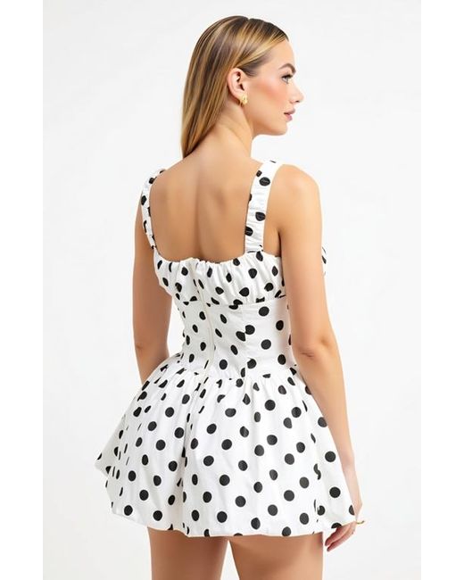 Modenaire White Polka Dot Gathered Bust Flared Corset Bodice Mini Dress