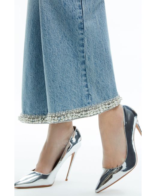 Alice + Olivia Blue Alice + Olivia Ora Imitation Pearl & Crystal Detail Wide Leg Ankle Jeans