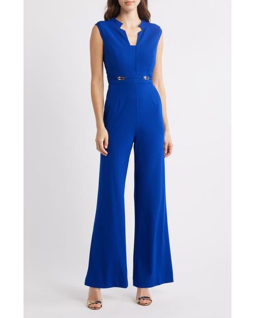 Tahari Women's Blue Notched Neck Sleeveless Jumpsuit