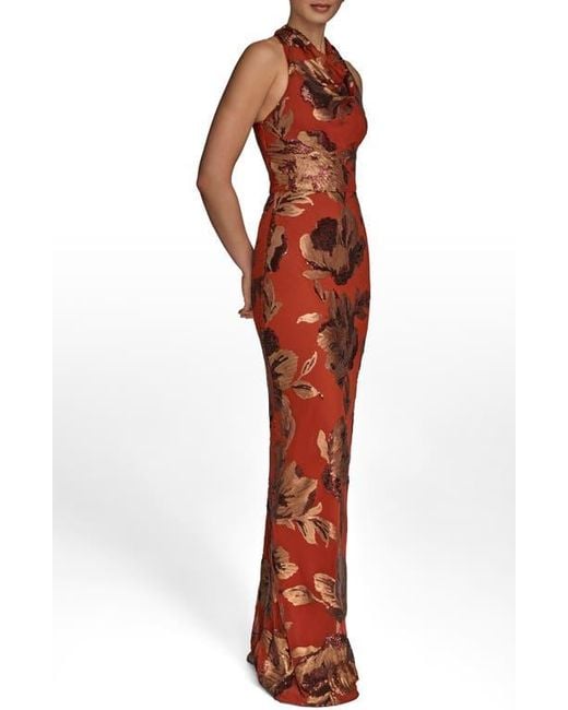Donna Karan Orange Sequin Floral Body-Con Gown