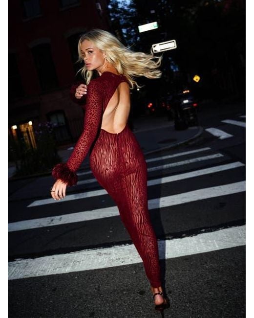 Miss Circle Red Patricia Leopard Burnout Velvet Mesh Backless Maxi Dress