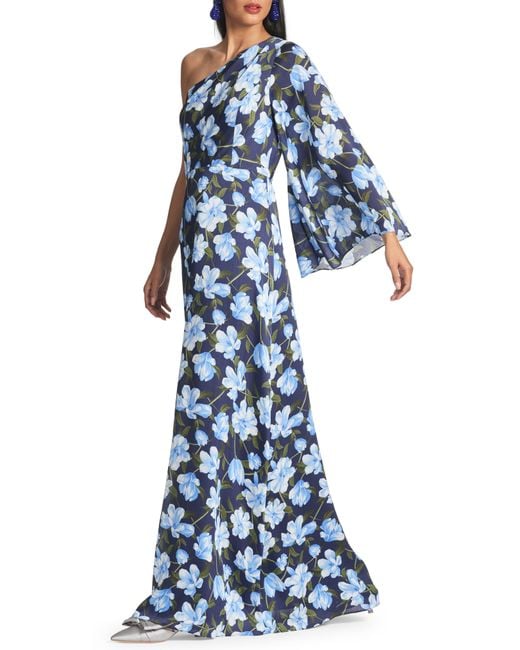 Sachin & Babi Blue Keely Floral One-shoulder Long Sleeve Gown