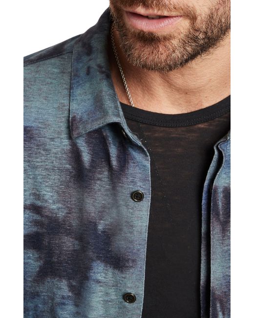 John Varvatos Blue Camellia Tie Dye Slub Knit Linen Button-up Shirt for men