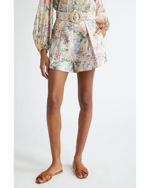Zimmermann Multicolor Halliday Floral Belted Linen Shorts