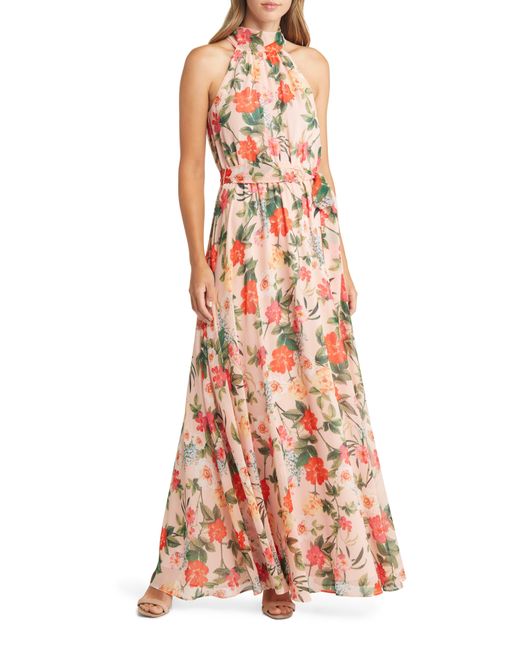 Eliza J Floral Halter Neck Chiffon Maxi Dress in Pink | Lyst