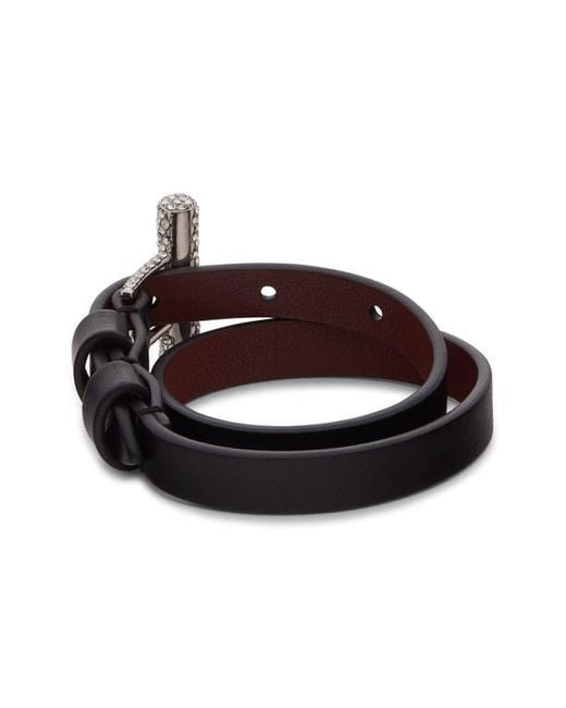 Alexander McQueen Black Crystal Pavé T-Bar Leather Wrap Bracelet