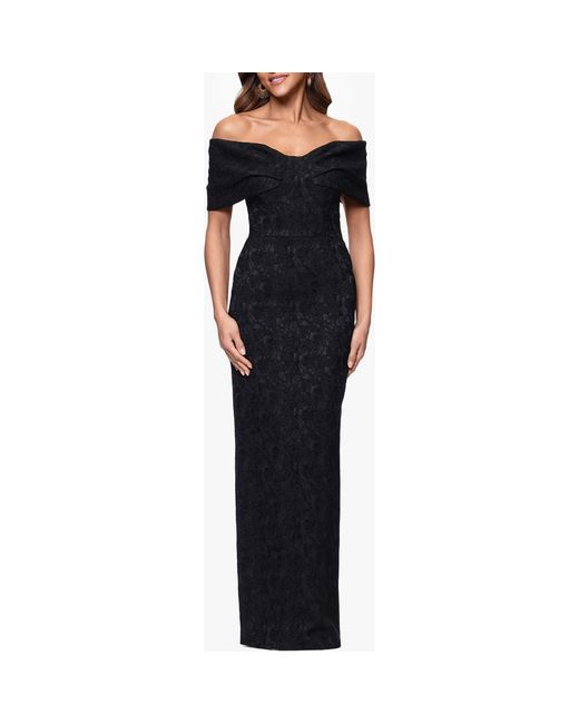 Betsy & Adam Women's Black Floral Jacquard Off-The-Shoulder Sheath Gown Betsy & Adam Women's Black Floral Jacquard Off-The-Shoulder Sheath Gown