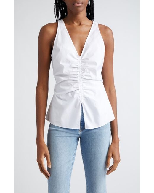 Veronica Beard White Oya Center Ruched Stretch Cotton Top