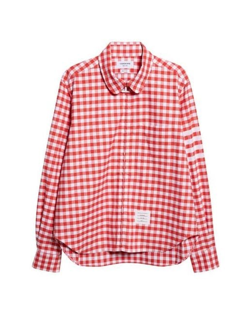 Thom Browne Red Gingham Cotton Zip Front Shirt Jacket for men