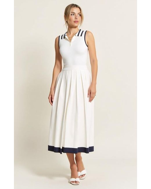 Modenaire White Sleeveless Knit Midi Dress With Contrast Collar And Hem Detail