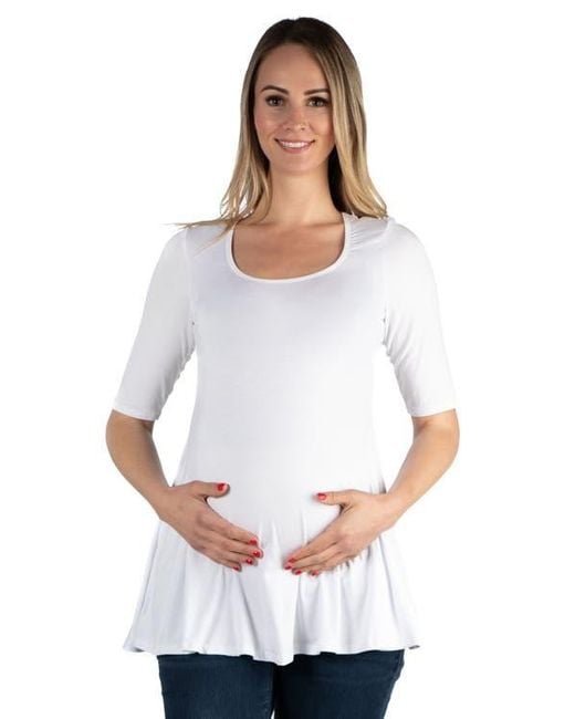 24seven Comfort Apparel White Maternity Elbow Swing Tunic Top