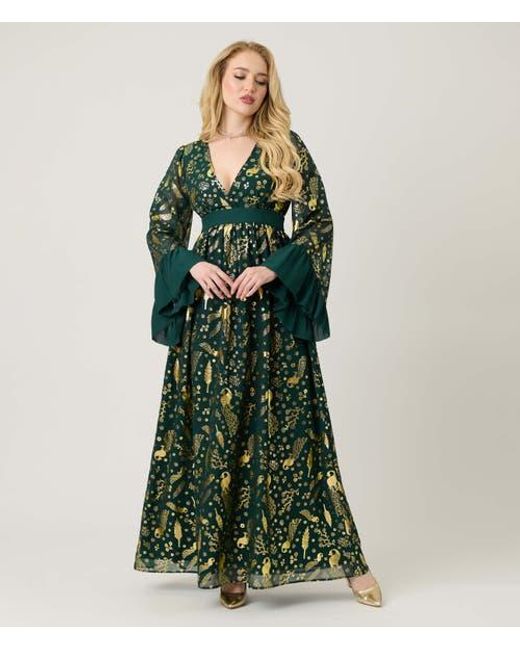 chinese dress ladies 1970s Blue Cosmic Patterned Long Sleeve Empire Waist Maxi Dress Small main image 0