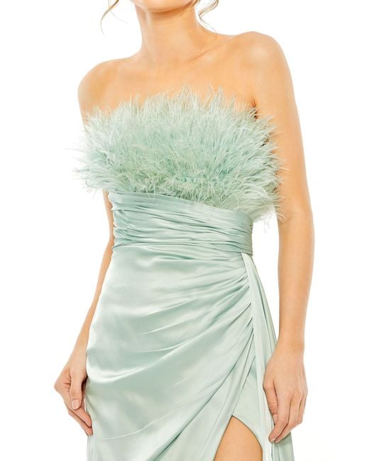 Mac Duggal Green Feather Detail Ruched Strapless Gown