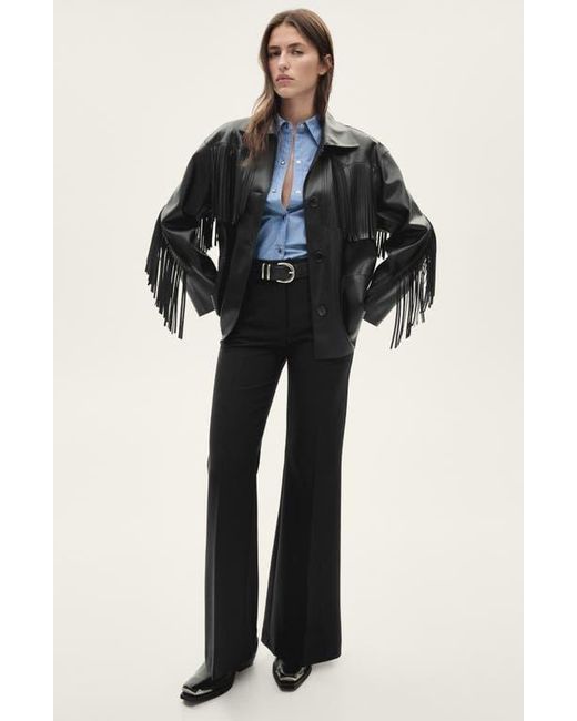 Mango Black Fringe Trim Faux Leather Jacket