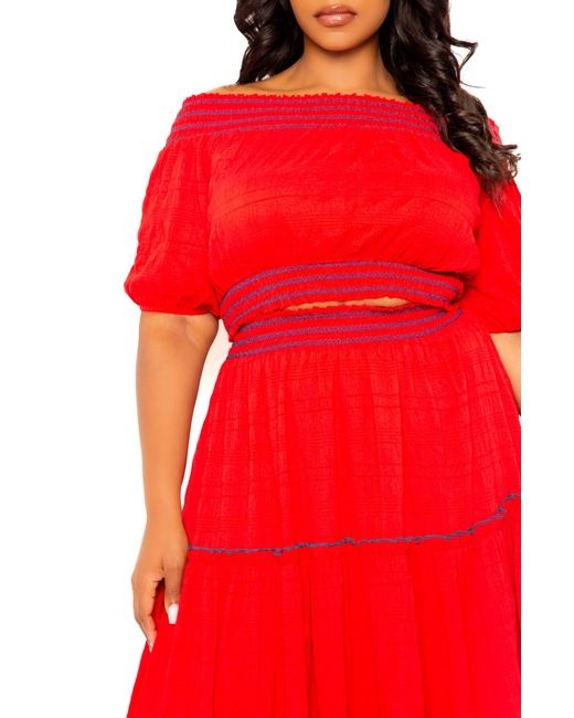 Buxom Couture Red Smocked Off The Shoulder Puff Sleeve Top & Maxi Skirt Set