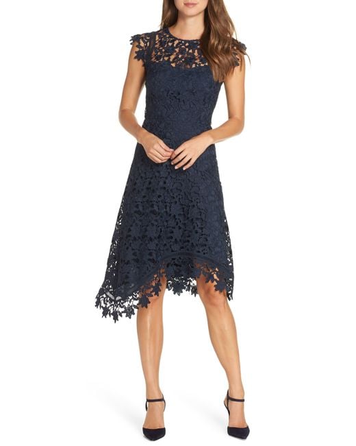Eliza J Blue Asymmetrical Lace Fit & Flare Dress