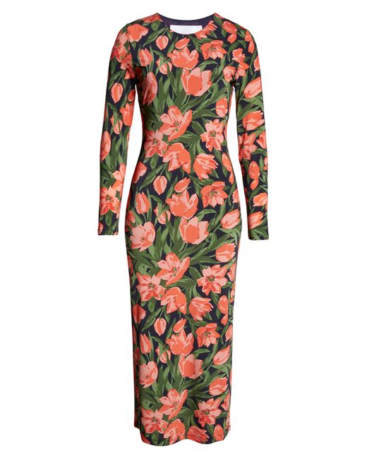 Carolina Herrera Multicolor Floral Long Sleeve Midi Dress