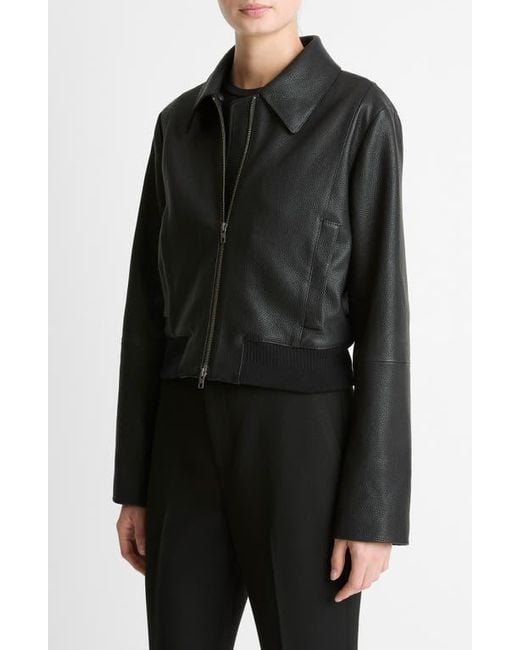 Vince Black Shrunken Leather Jacket With Genuine Shearling Collar