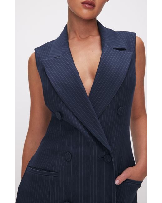 GOOD AMERICAN Blue Stripe Sleeveless Double Breasted Ponte Knit Blazer Minidress