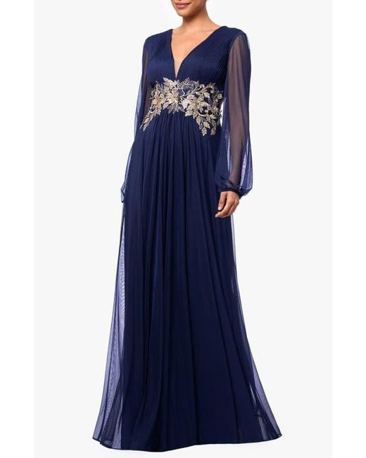 Betsy & Adam Blue Metallic Floral Appliqué Long Sleeve Gown