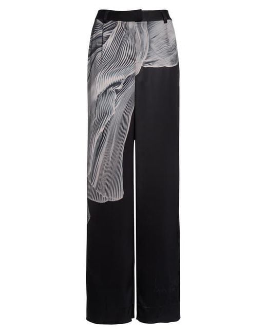Jason Wu Black Dancing Pleat Print Satin Straight Leg Pants